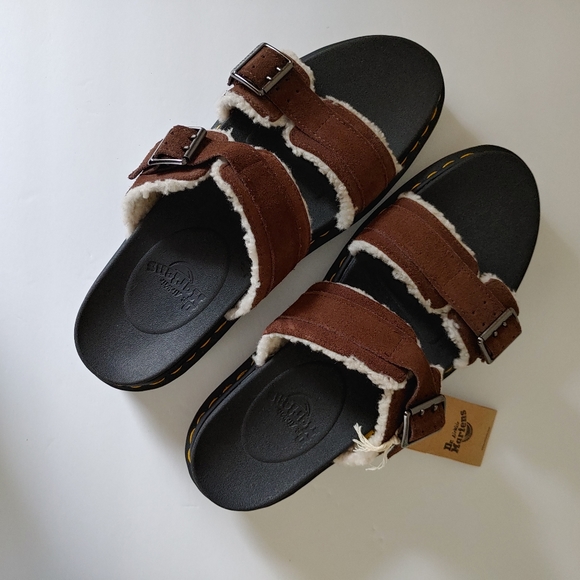 NEW Dr. Martens Myles Suede Fur-lined Buckle Slide Sandals Dark Brown Size 13 - Picture 9 of 16